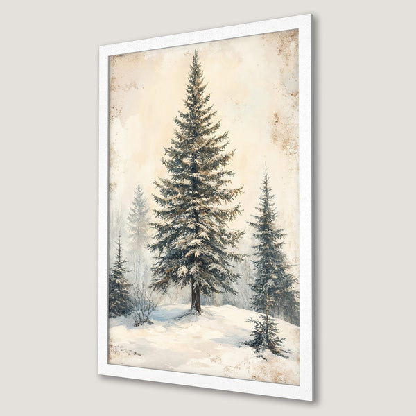 Framed Poster of winter forest scene with snow-covered trees. Vintage style with a neutral, warm color palette. Perfect wall art.
