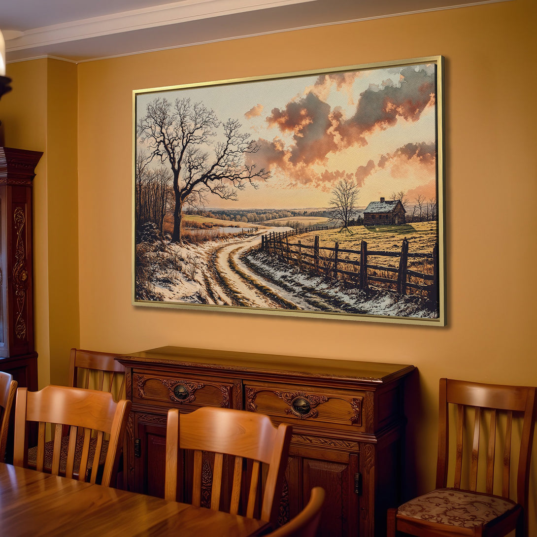 Canvas Print of a winter landscape in warm tones. Rustic style art with a snowy road and sunset sky, perfect for cozy interiors.
