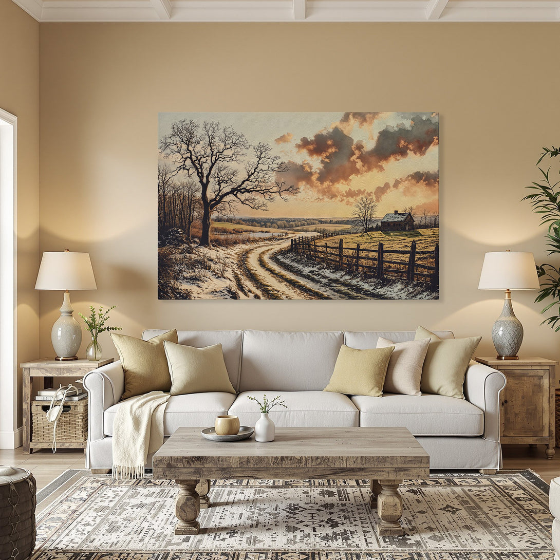 Framed Wall Art: Winter landscape Canvas Print in warm tones. Rustic scene with snowy road, trees, and a cozy cabin. Perfect for home decor.