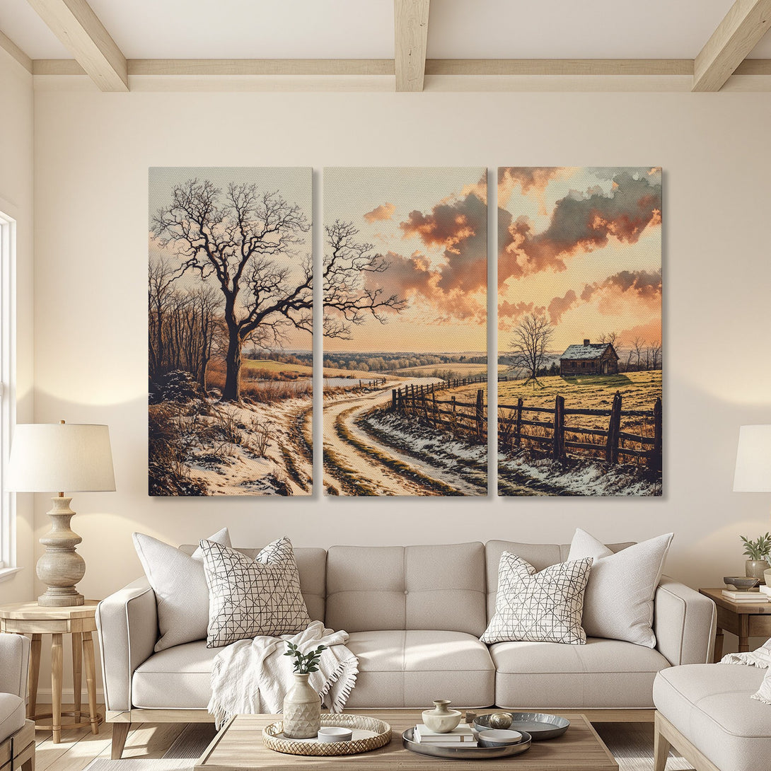 Canvas Print triptych featuring a serene winter landscape with a warm, sunset color palette. Perfect for adding a cozy touch to any room!