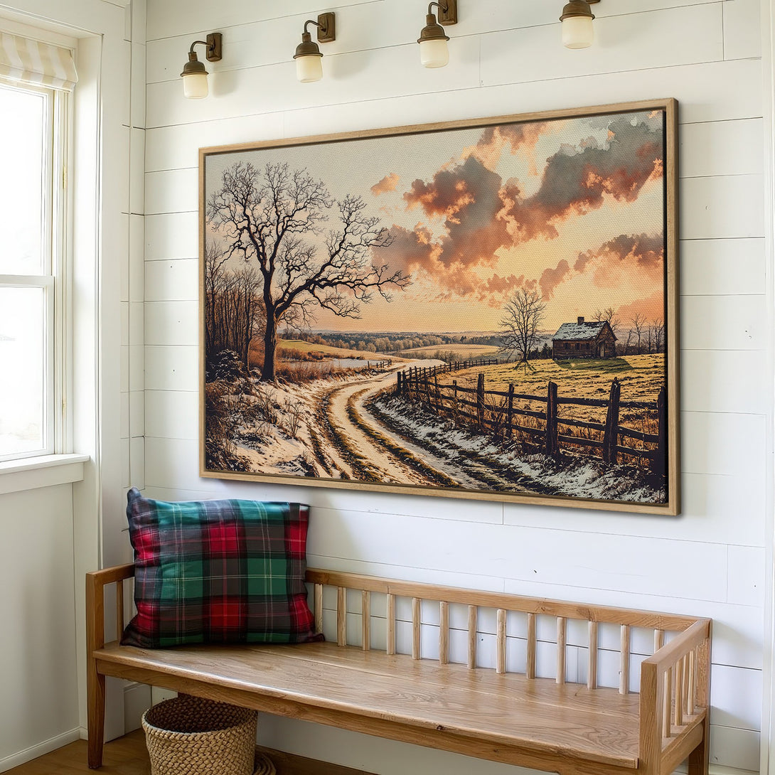 Framed Wall Art: Rustic landscape Canvas Print with warm sunset tones. Perfect for farmhouse decor. Shop now for cozy, inviting wall art!
