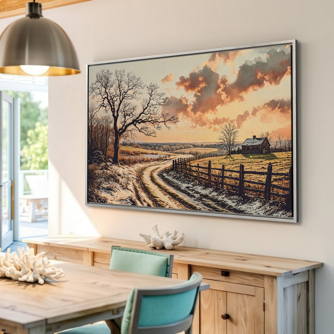 Framed Wall Art: Rustic landscape Canvas Print with warm sunset hues. Perfect for adding cozy charm to your home decor. Shop now!