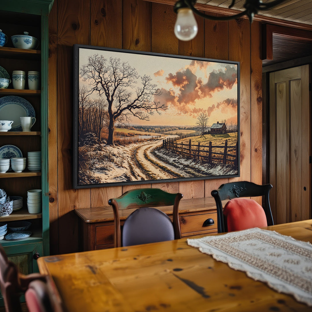 Framed Wall Art featuring a winter landscape scene with a warm sunset color palette. Rustic style canvas print perfect for cozy home decor.