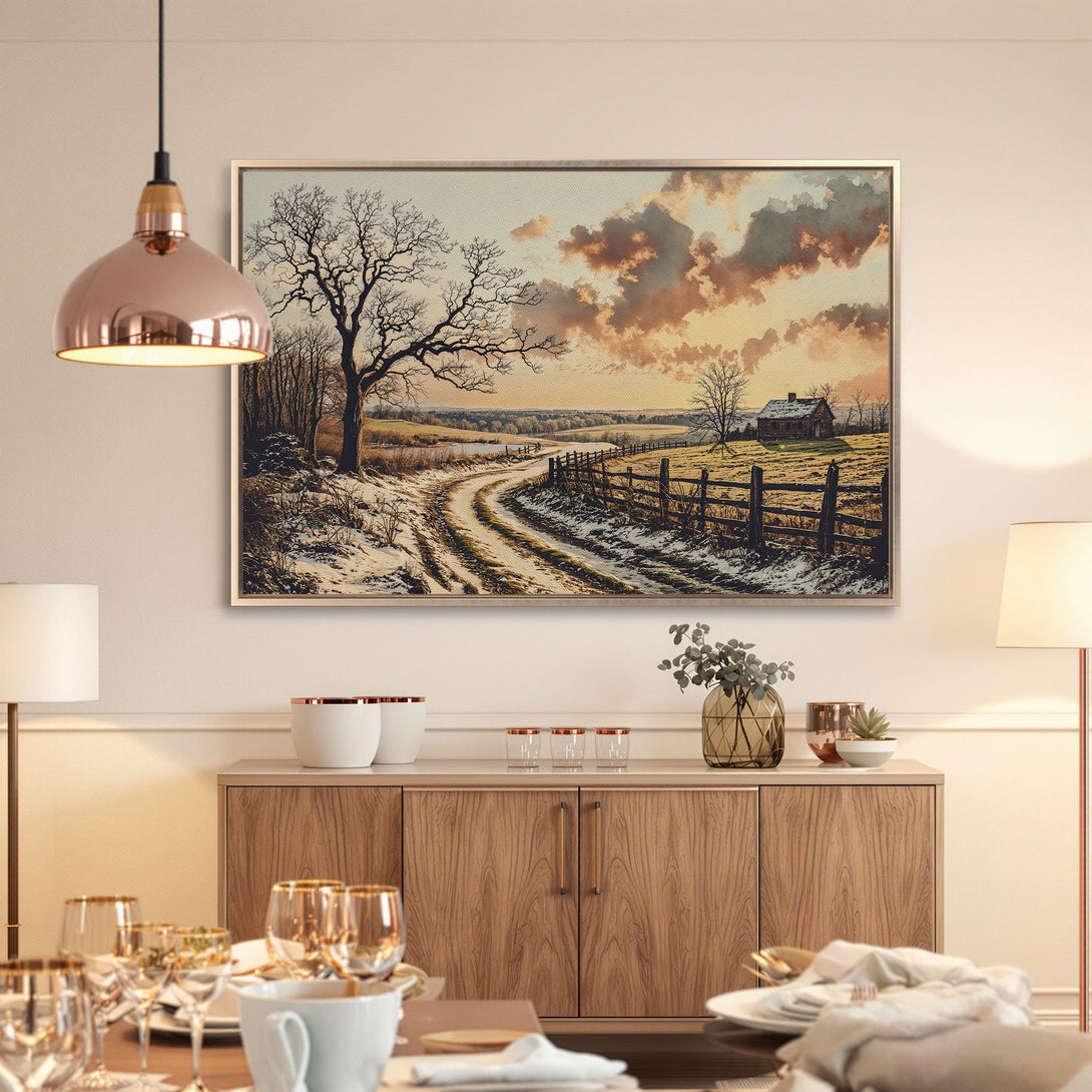 Framed Wall Art: Winter landscape Canvas Print with warm, neutral tones. Rustic scene with snow, trees, and a winding road. Perfect for cozy interiors.