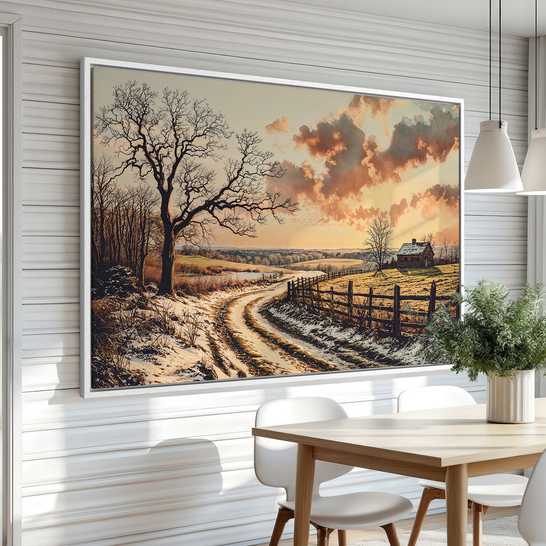 Framed Wall Art featuring a winter landscape with a warm sunset color palette. Rustic style Canvas Print perfect for adding cozy charm to any room.