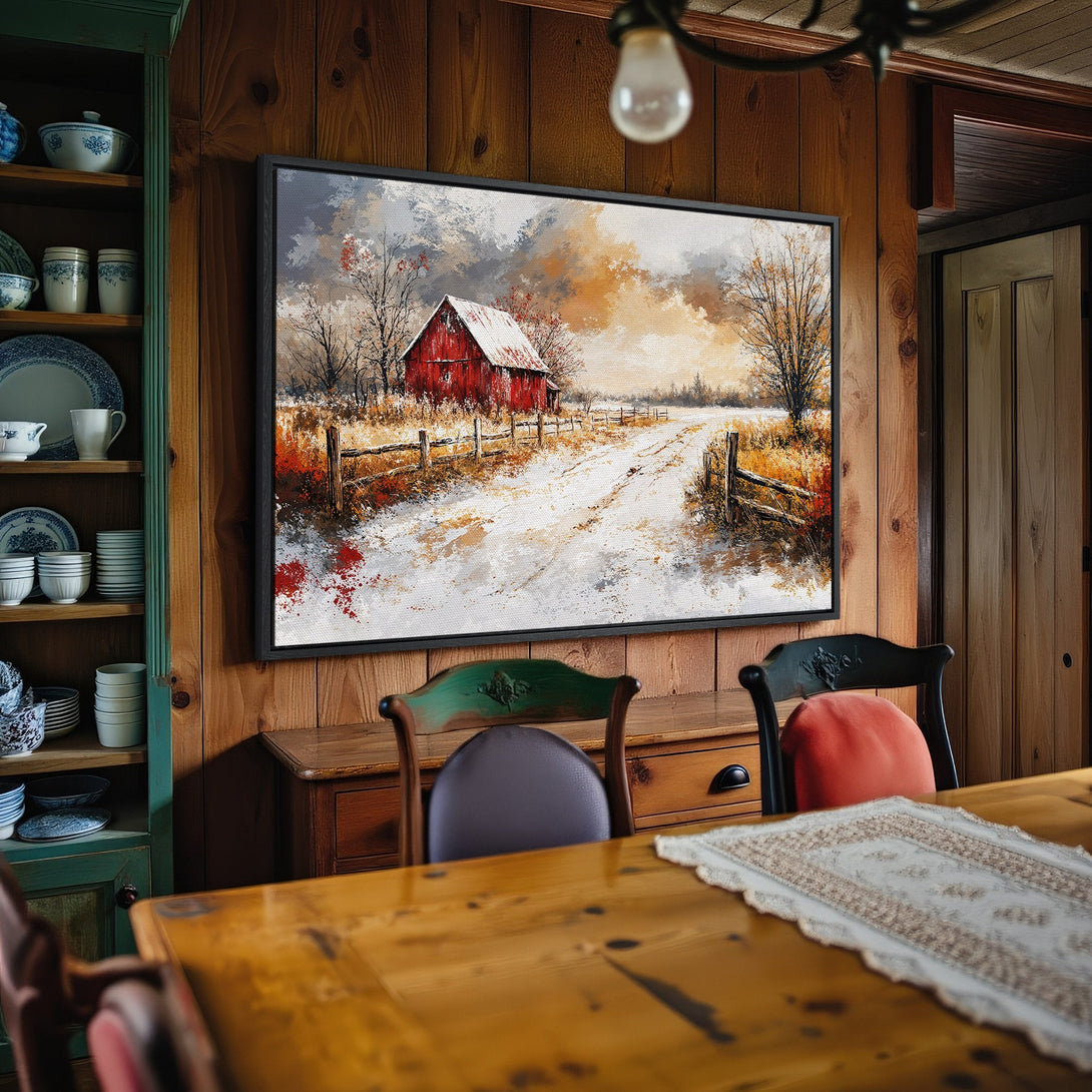 Framed Wall Art: Rustic barn landscape canvas print in warm autumn tones. Perfect for farmhouse decor. Adds cozy charm to any space.