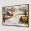 Rustic Winter Landscape Framed Canvas Print with Red Barn