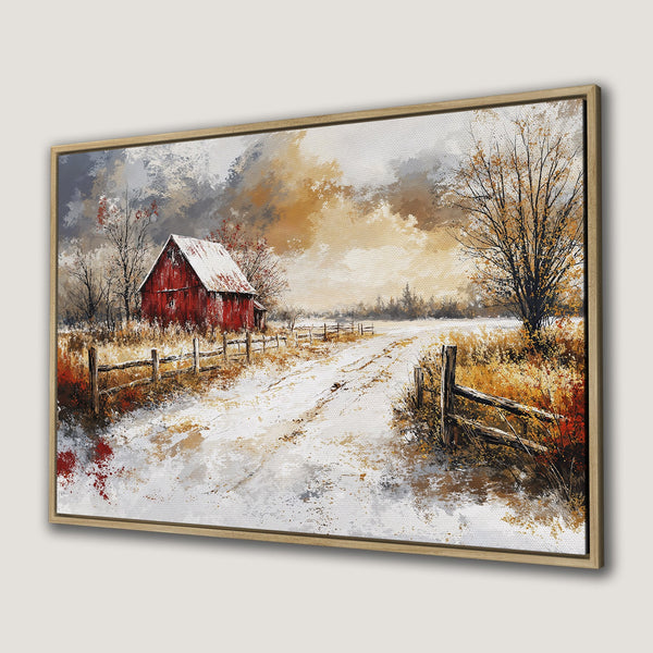 Framed Wall Art of a winter landscape with a red barn. Warm, earthy tones and impressionistic style. Perfect for cozy decor.
