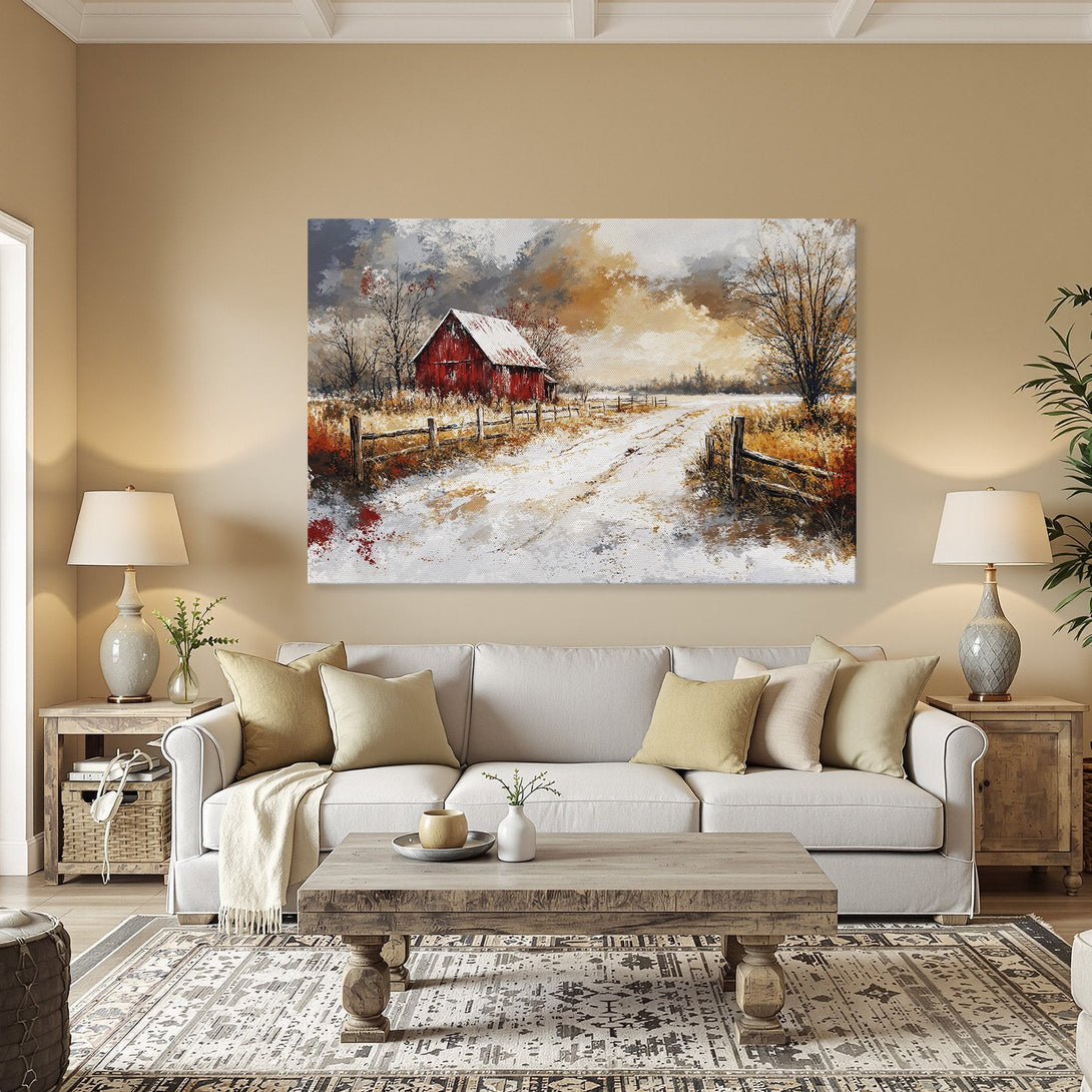 Framed Wall Art: Rustic winter landscape Canvas Print featuring a red barn, snow, and warm earth tones. Perfect for cozy home decor!