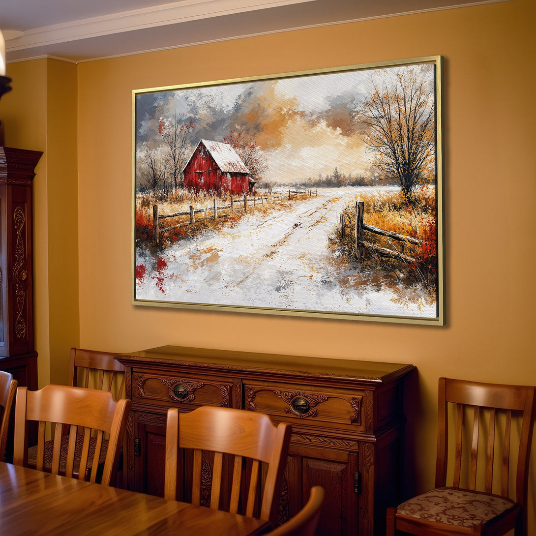 Canvas Print of a red barn in a winter landscape, warm neutral palette. Rustic style wall art for cozy home decor.