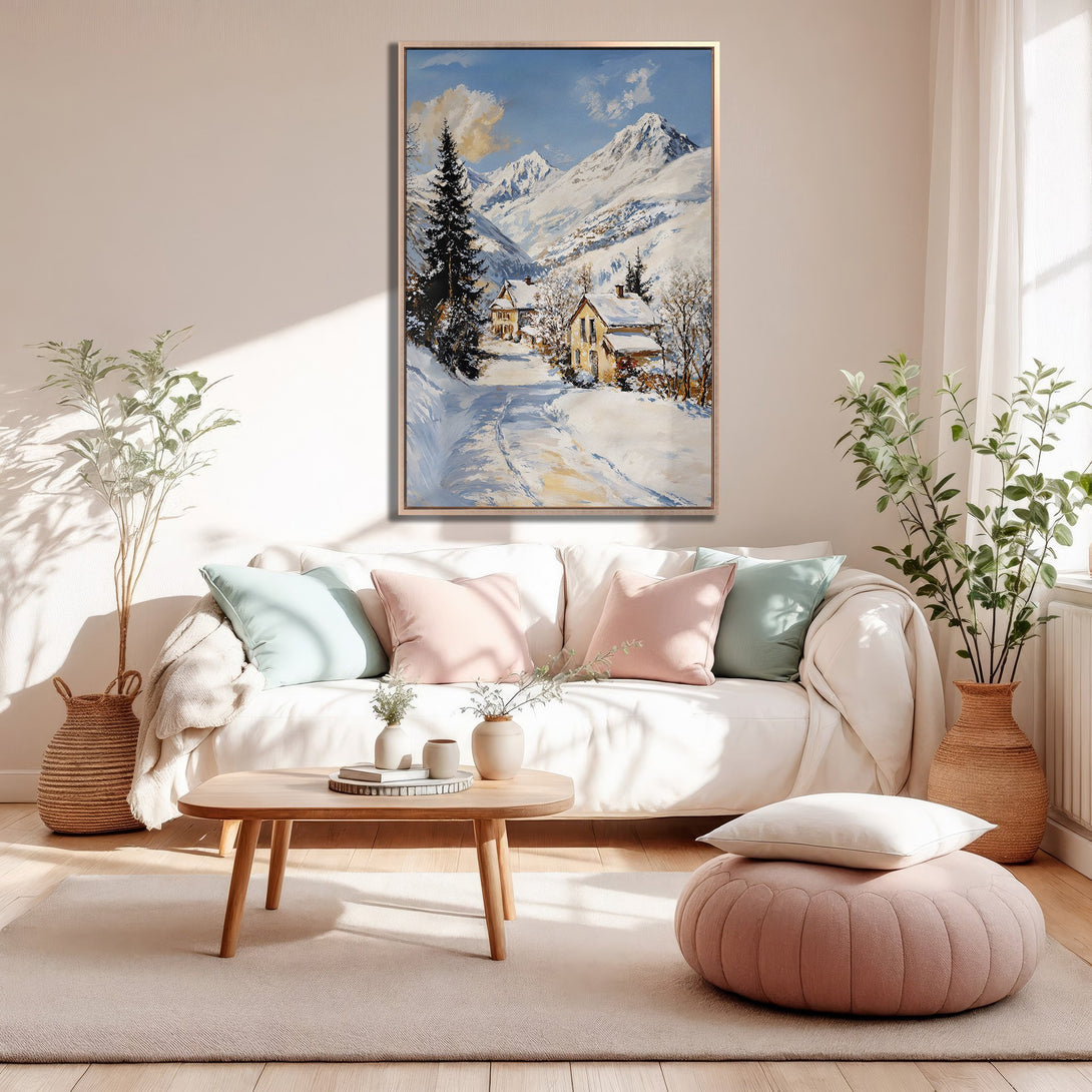 Framed Wall Art: Winter landscape Canvas Print with snowy mountains, rustic cabins, and a serene blue, white, and beige color palette. Perfect for cozy home decor.