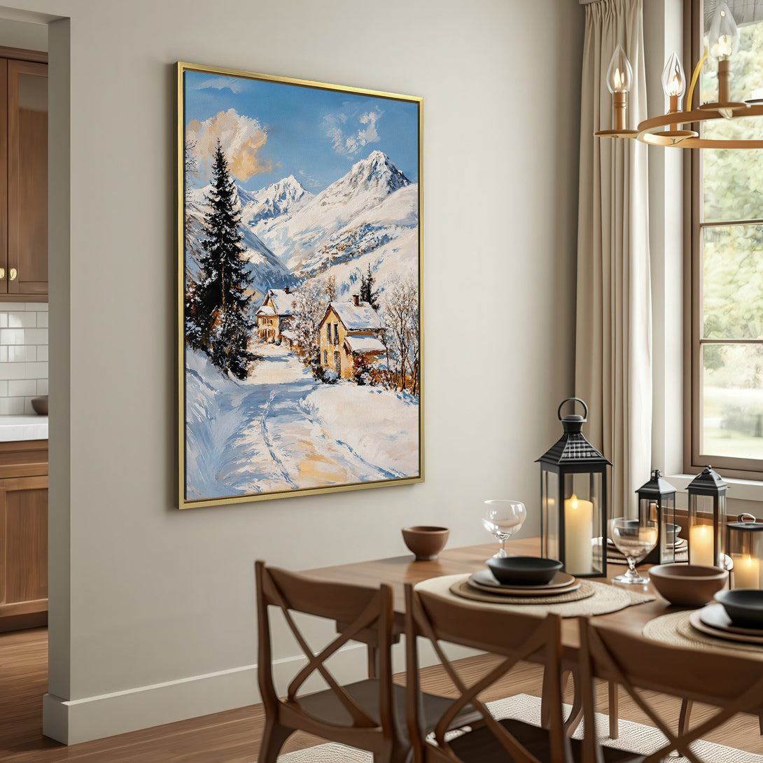 Canvas Print of a winter landscape painting with snow-covered mountains and houses. Warm, inviting color palette. Perfect for cozy home decor.