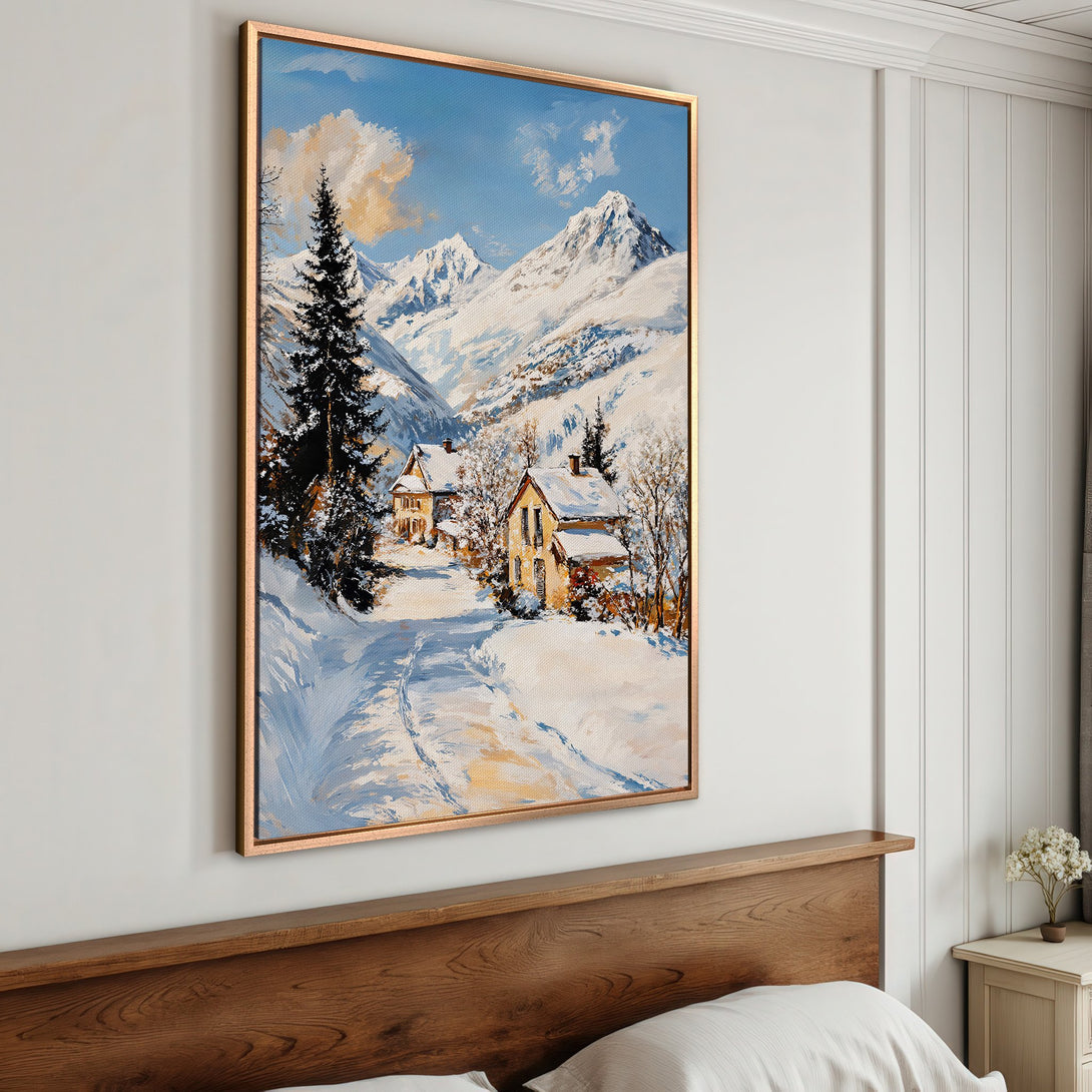 Framed Wall Art: Winter landscape painting with snowy mountains and houses. Blue, white, and gold color palette. Perfect for adding a cozy touch to your home.