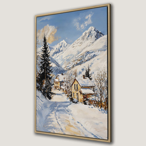 Framed Wall Art: Winter landscape Canvas Print. Oil painting style with snowy mountains, houses, and a neutral color palette of blues, whites, and browns.