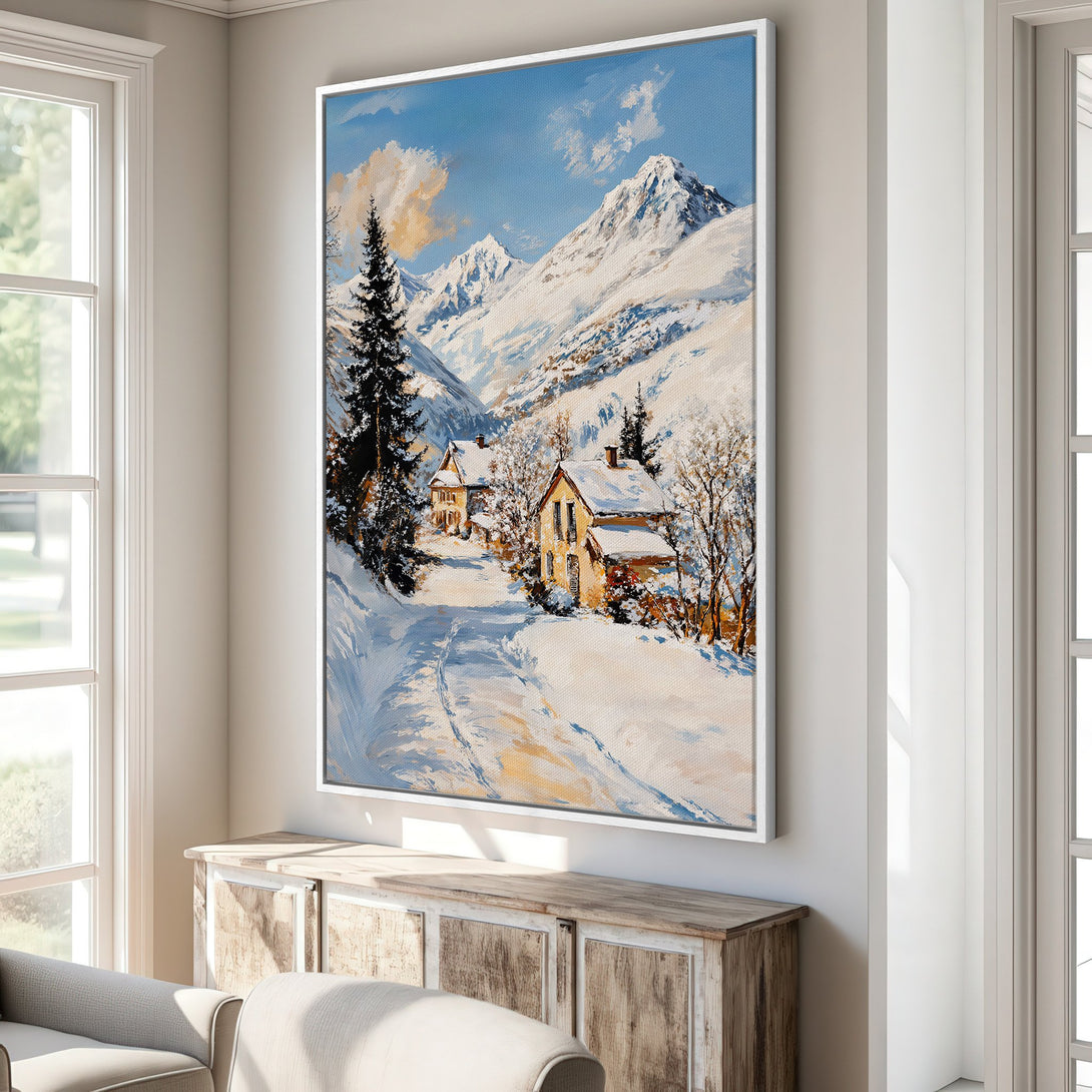 Framed Wall Art: Winter mountain landscape painting with blue, white, and yellow hues. Perfect for adding a touch of cozy elegance to your home decor.