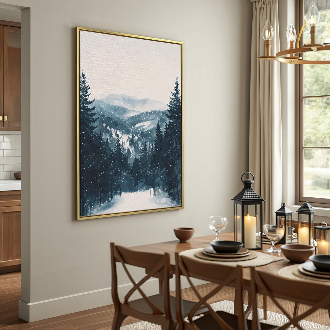 Canvas Print of a serene winter forest scene in shades of blue and white. Perfect for adding a touch of nature to your home decor.