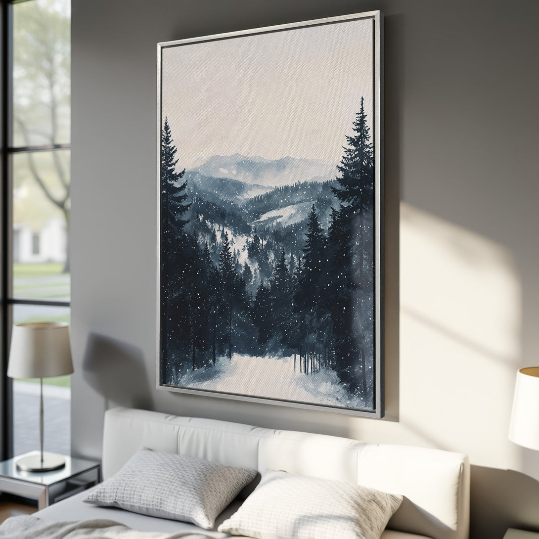 Framed Wall Art: Watercolor forest landscape in blue and white tones. Serene mountain scene Canvas Print adds a touch of nature to your bedroom decor.