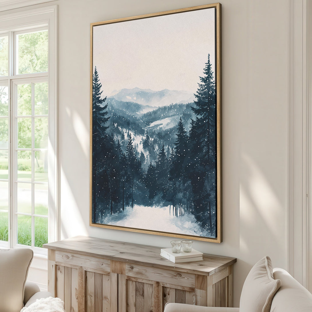 Framed Wall Art: Watercolor landscape Canvas Print with a serene forest scene in cool blue tones, perfect for adding a touch of nature to your home.