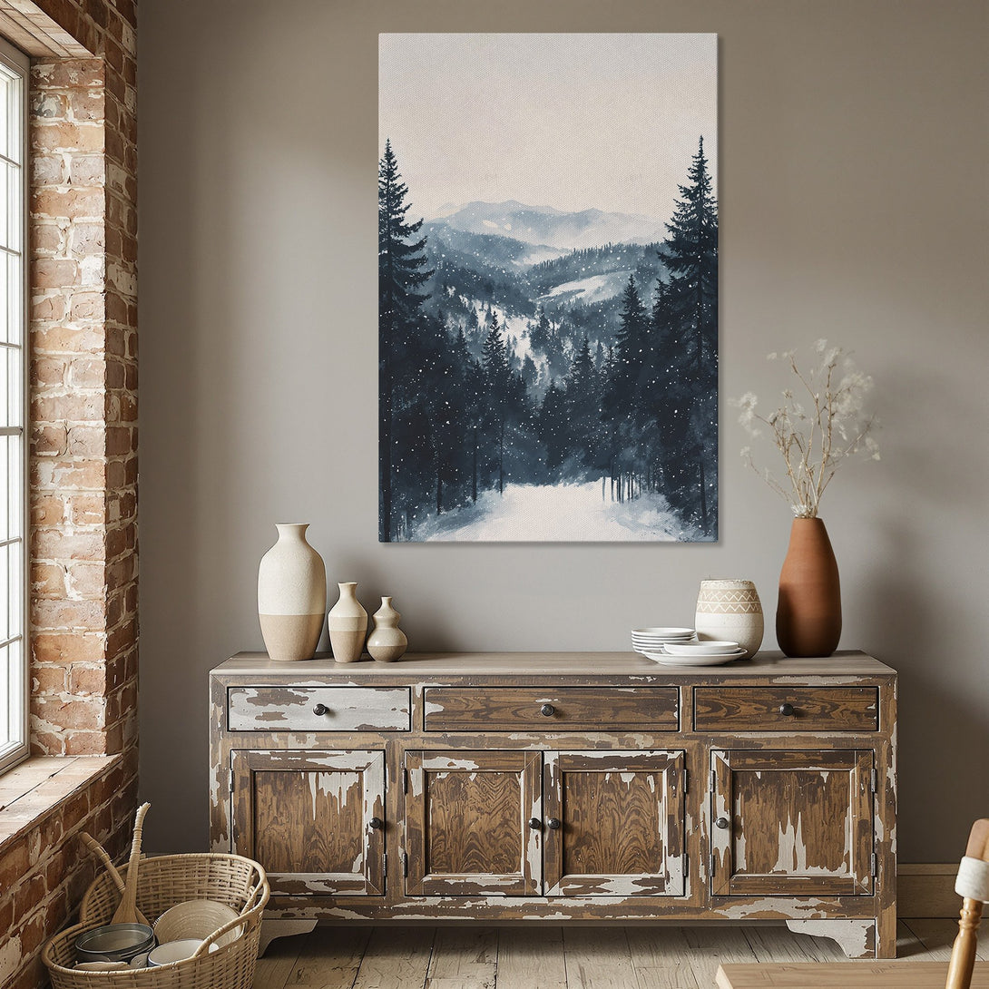 Framed Wall Art: Serene watercolor landscape Canvas Print in blue & white, perfect for adding a touch of nature to your dining room decor.