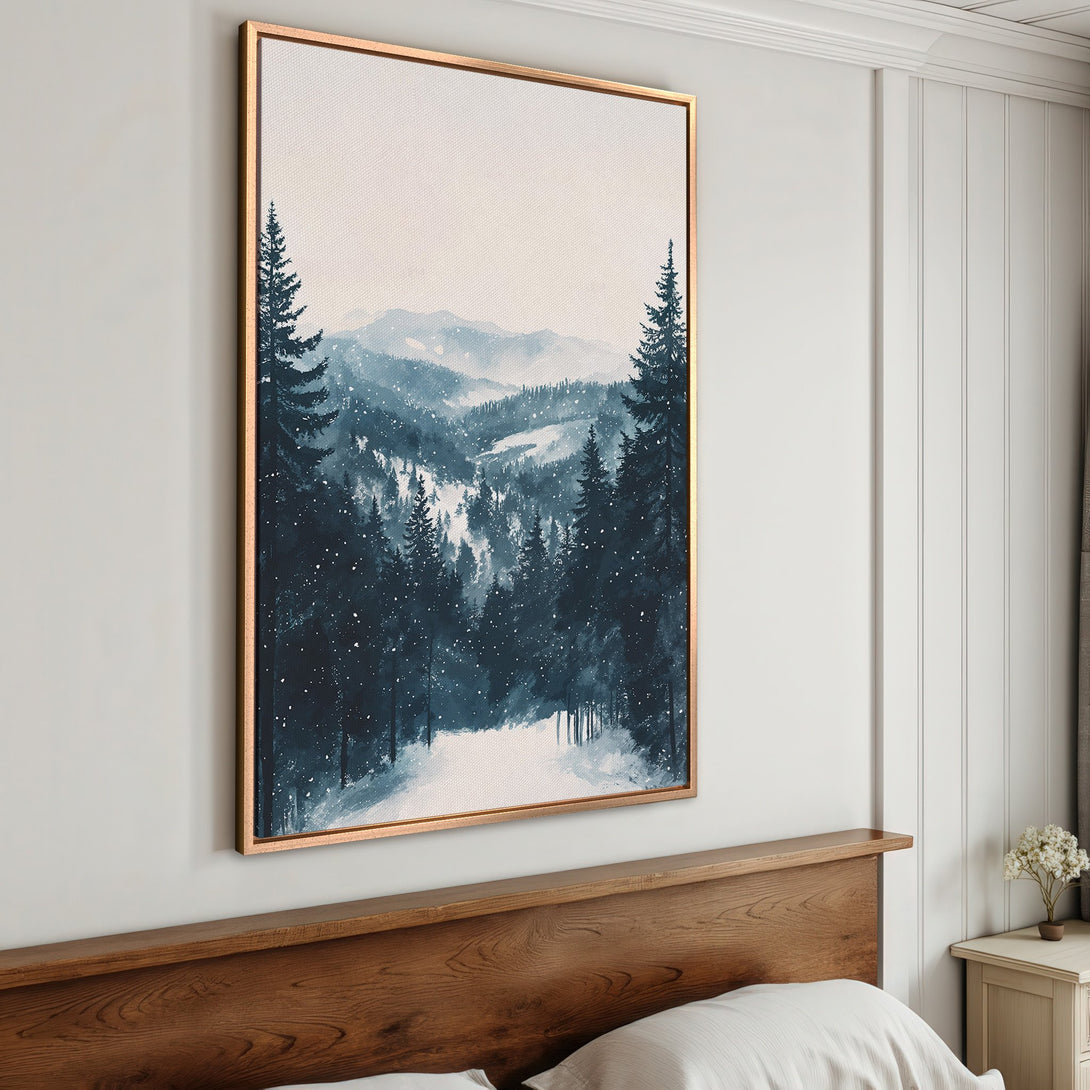 Framed Wall Art: Serene watercolor forest scene in blue and white. Perfect for a calming bedroom. Add tranquility with this canvas print.