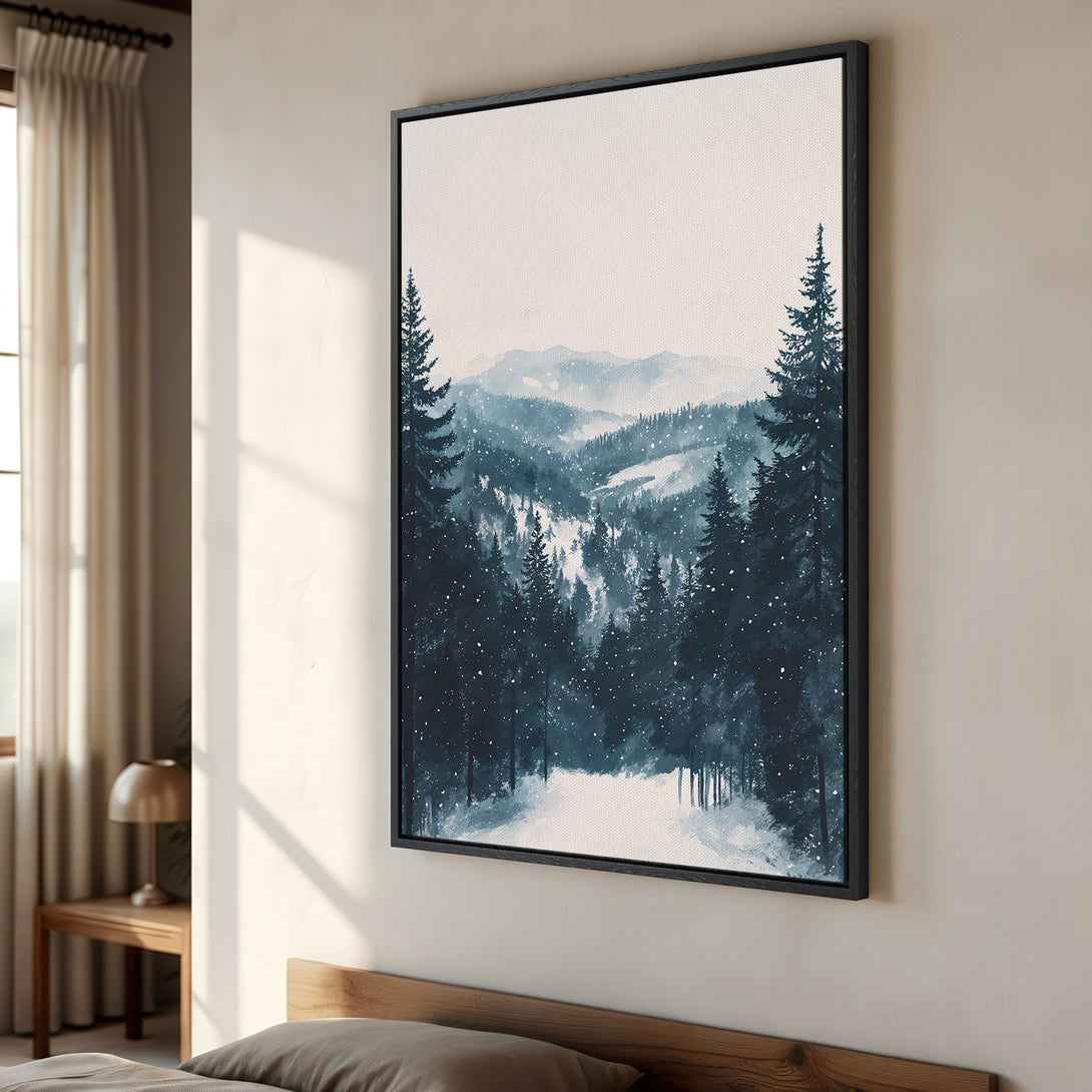 Framed Wall Art: Watercolor forest landscape in blue and white. Perfect for adding a touch of nature to your bedroom decor. Shop now!