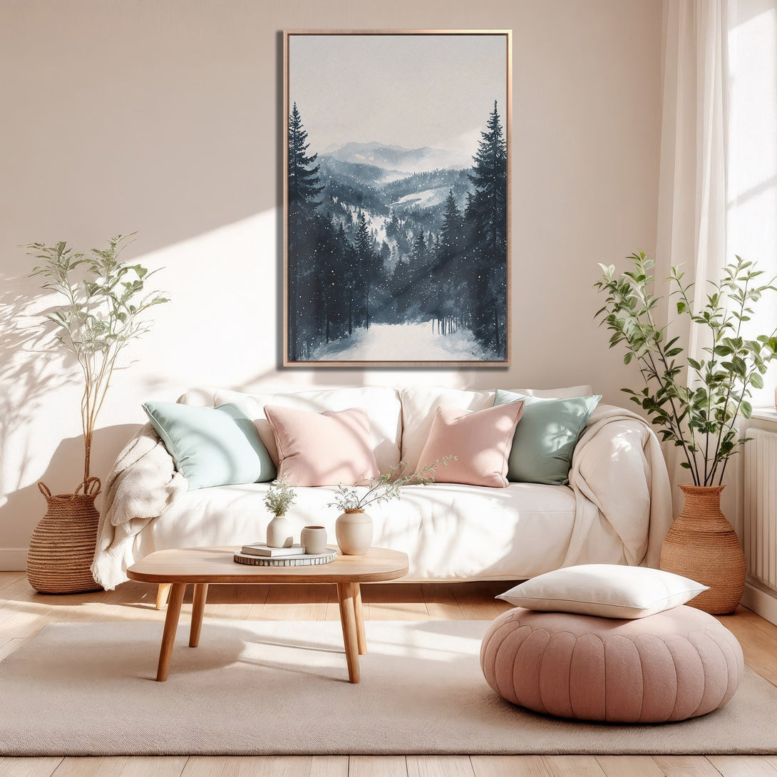 Framed Wall Art: Serene watercolor landscape in blue and white tones. Perfect for adding a touch of nature to your living room. Shop now!