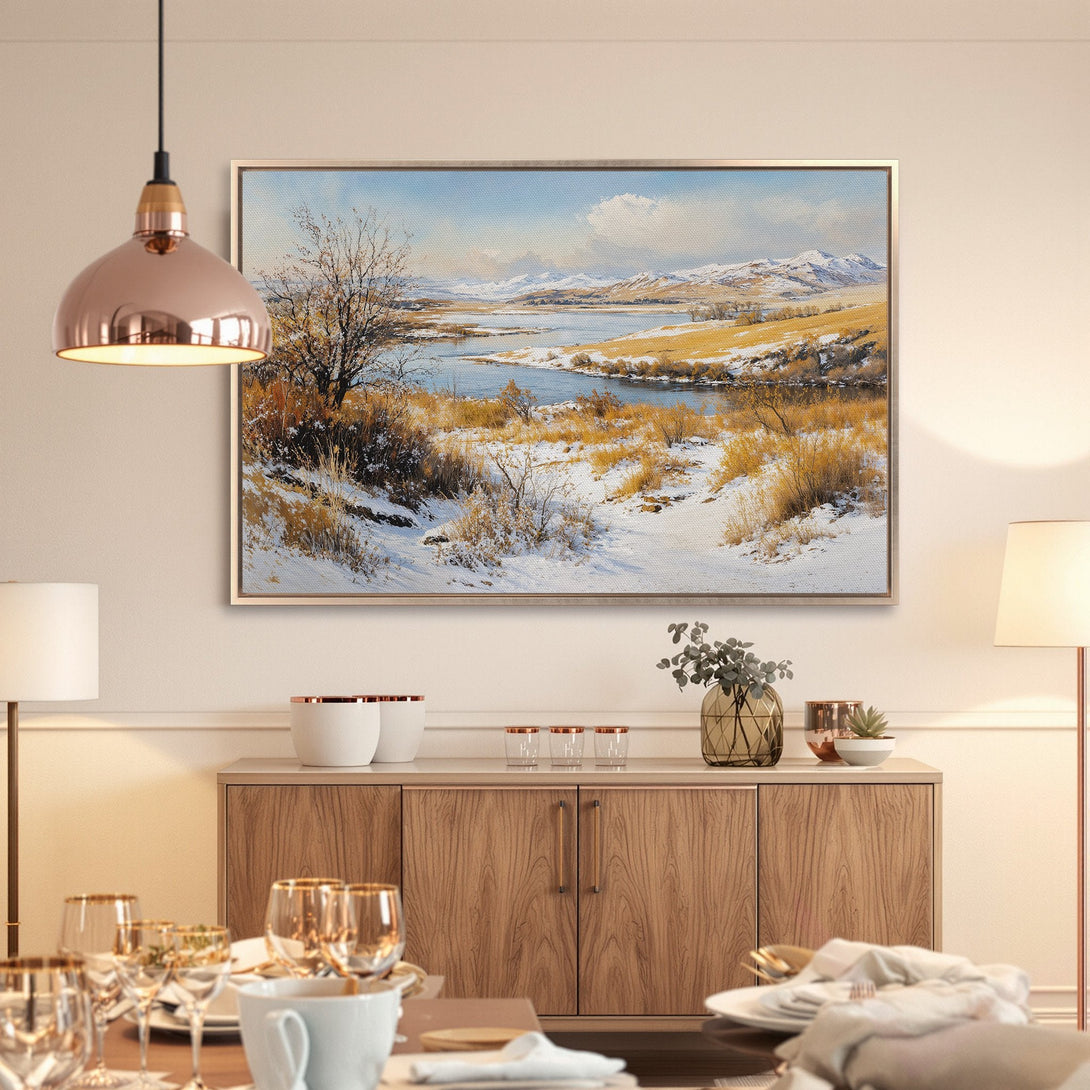 Framed Wall Art: Landscape Canvas Print with snowy mountains, river, and warm color palette. Perfect for adding a touch of nature to your home decor.