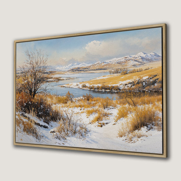 Framed Wall Art: Winter landscape Canvas Print with snowy mountains, river, and golden hues. Rustic style, perfect for home decor.