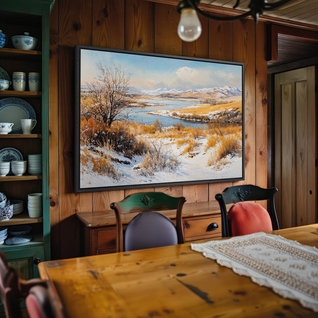 Framed Wall Art: Landscape Canvas Print with snowy river scene in warm, earthy tones. Perfect for rustic home decor.