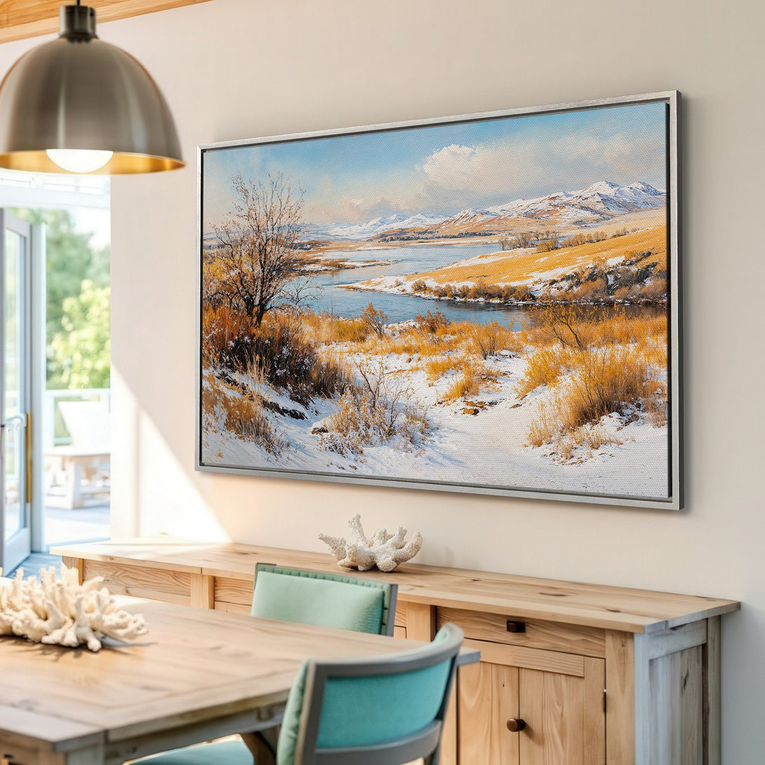 Framed Wall Art: Landscape Canvas Print with snowy mountains, river, and golden fields. Earthy tones create a serene, inviting atmosphere. Perfect decor for your home!