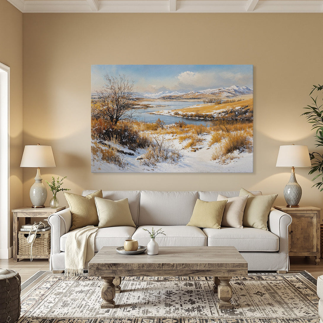 Framed Wall Art: Landscape painting of a snowy mountain scene with a warm, inviting color palette. Perfect for adding a touch of nature to your home.