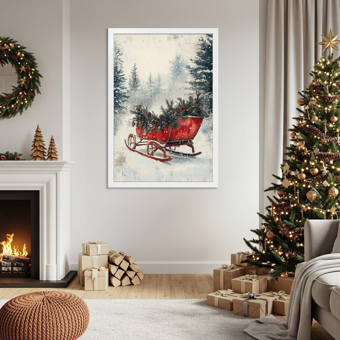 Framed Poster featuring a winter scene with a red sleigh. Rustic style, warm color palette perfect for holiday decor. Shop now!