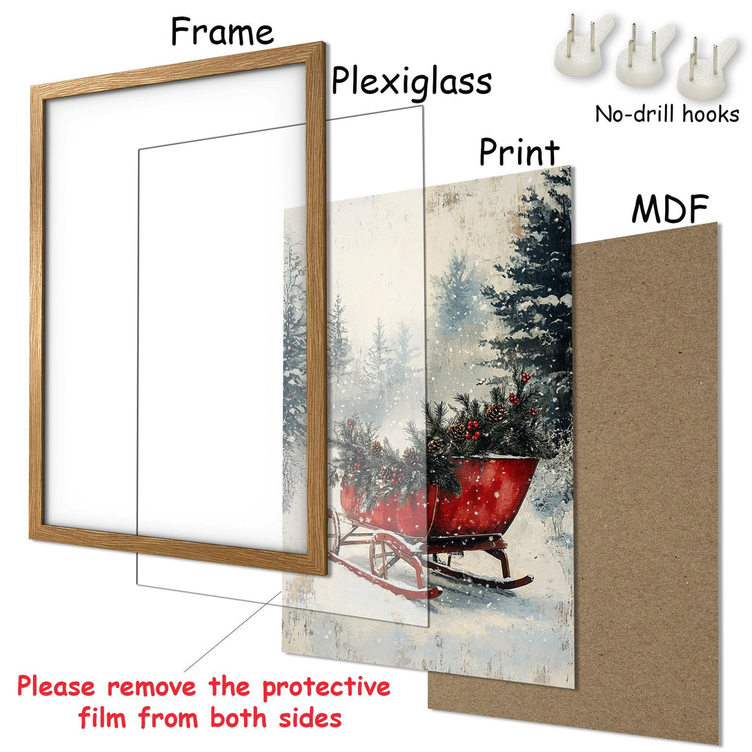 Framed Poster featuring a vintage winter scene with a red sleigh. Rustic style with a muted color palette. Perfect for seasonal decor!