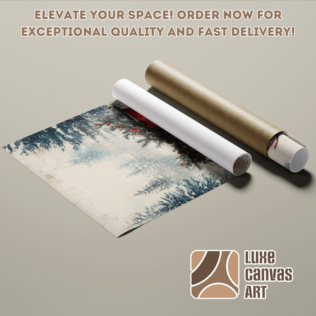 Poster Roll featuring a winter forest scene with a blue and neutral color palette. Elevate your space!