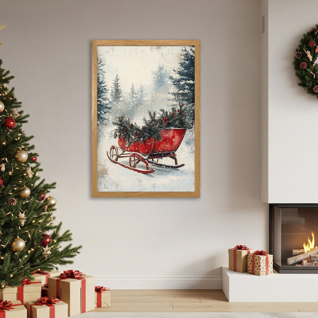 Framed Poster featuring a winter scene with a red sleigh. Rustic style, neutral & red color palette. Perfect Christmas decor!