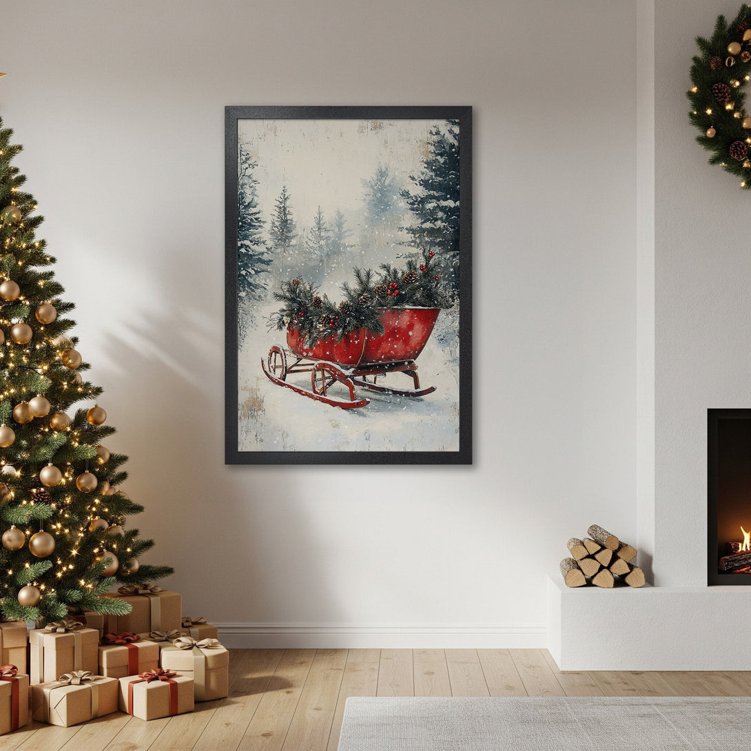 Framed Poster of a red sleigh in a snowy forest, vintage style, with a muted winter color palette. Perfect holiday decor!