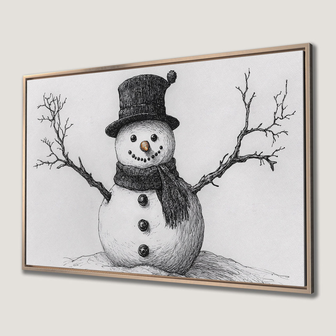 Framed Wall Art: Whimsical pen & ink snowman art in black & white. Perfect winter decor for any room. Add a touch of holiday charm!