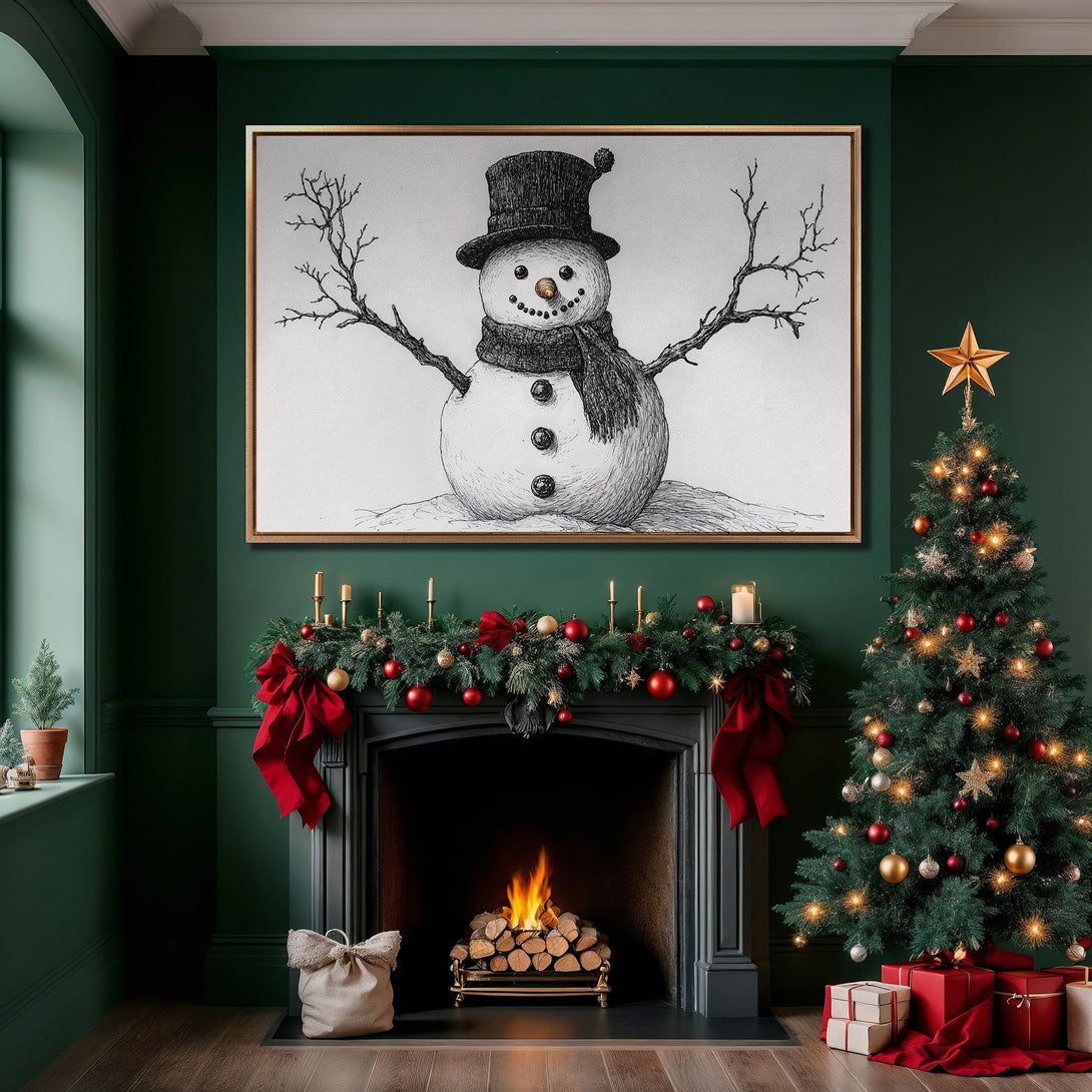 Framed Wall Art: Charming snowman sketch in a cozy Christmas interior. Black and white art with a warm green and red color palette. Perfect holiday decor!
