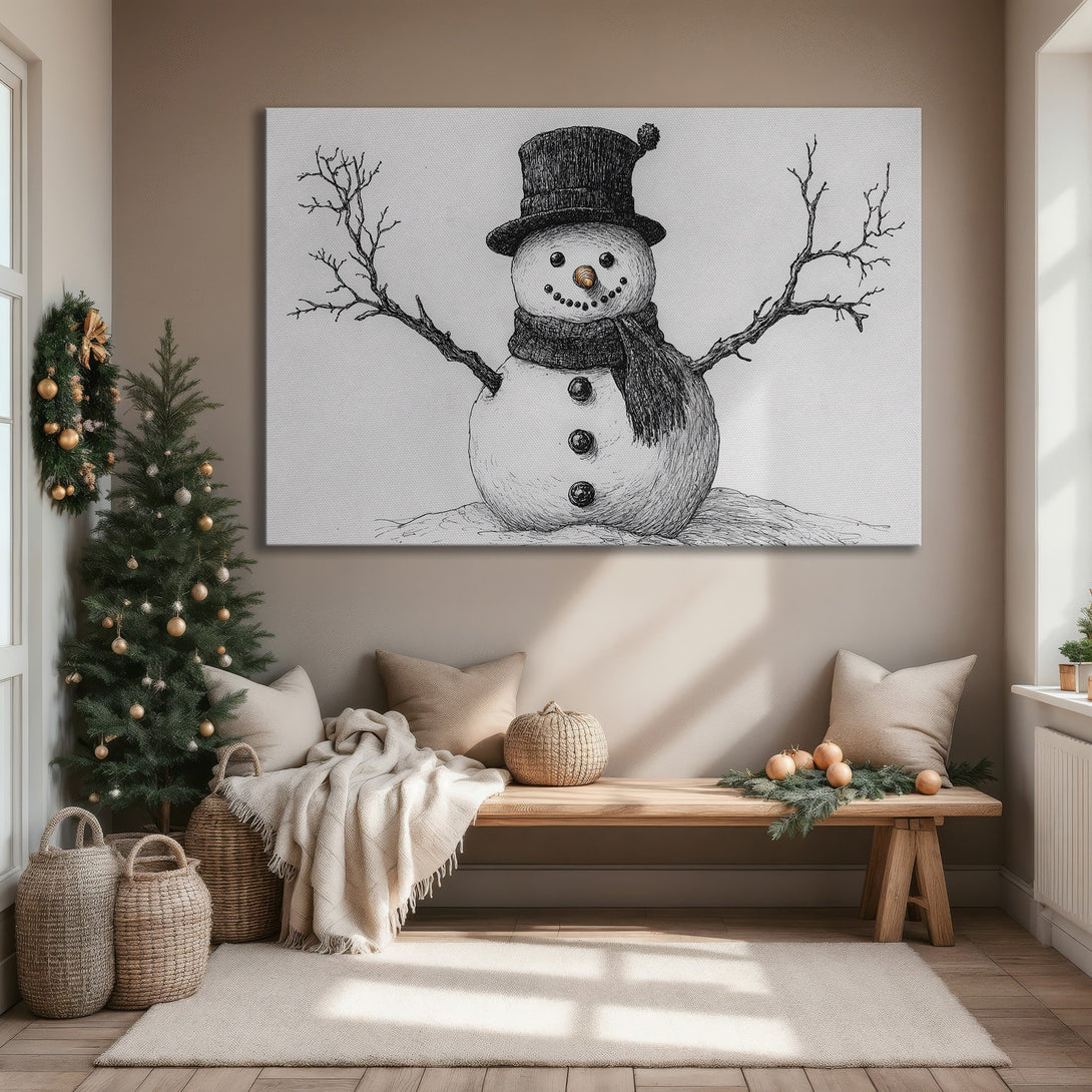 Framed Wall Art: Hand-drawn snowman art print in a modern interior. Black and white illustration with a gold frame. Perfect winter decor!