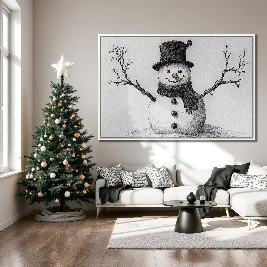 Framed Wall Art featuring a whimsical snowman illustration in a black and white, sketch style. Perfect for holiday decor!