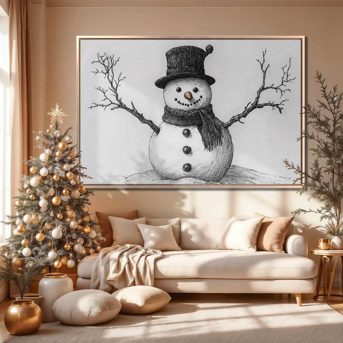 Framed Wall Art: Black and white pen sketch of a snowman. Neutral color palette, perfect for winter decor. Add a touch of cozy charm to your home!