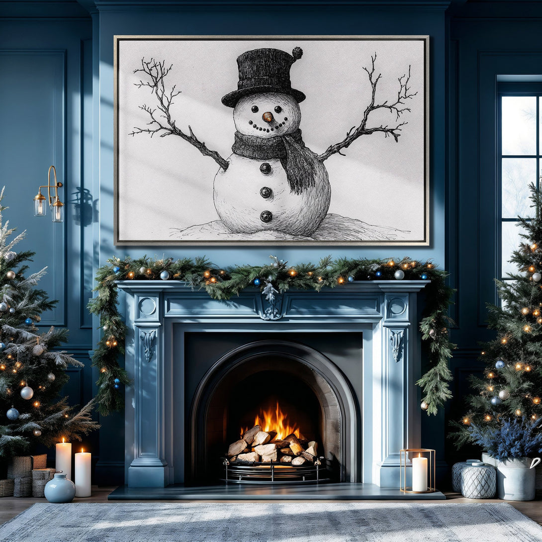 Framed Wall Art: Charming snowman illustration in a cozy, blue-toned interior. Perfect winter decor! Shop canvas prints for your home.