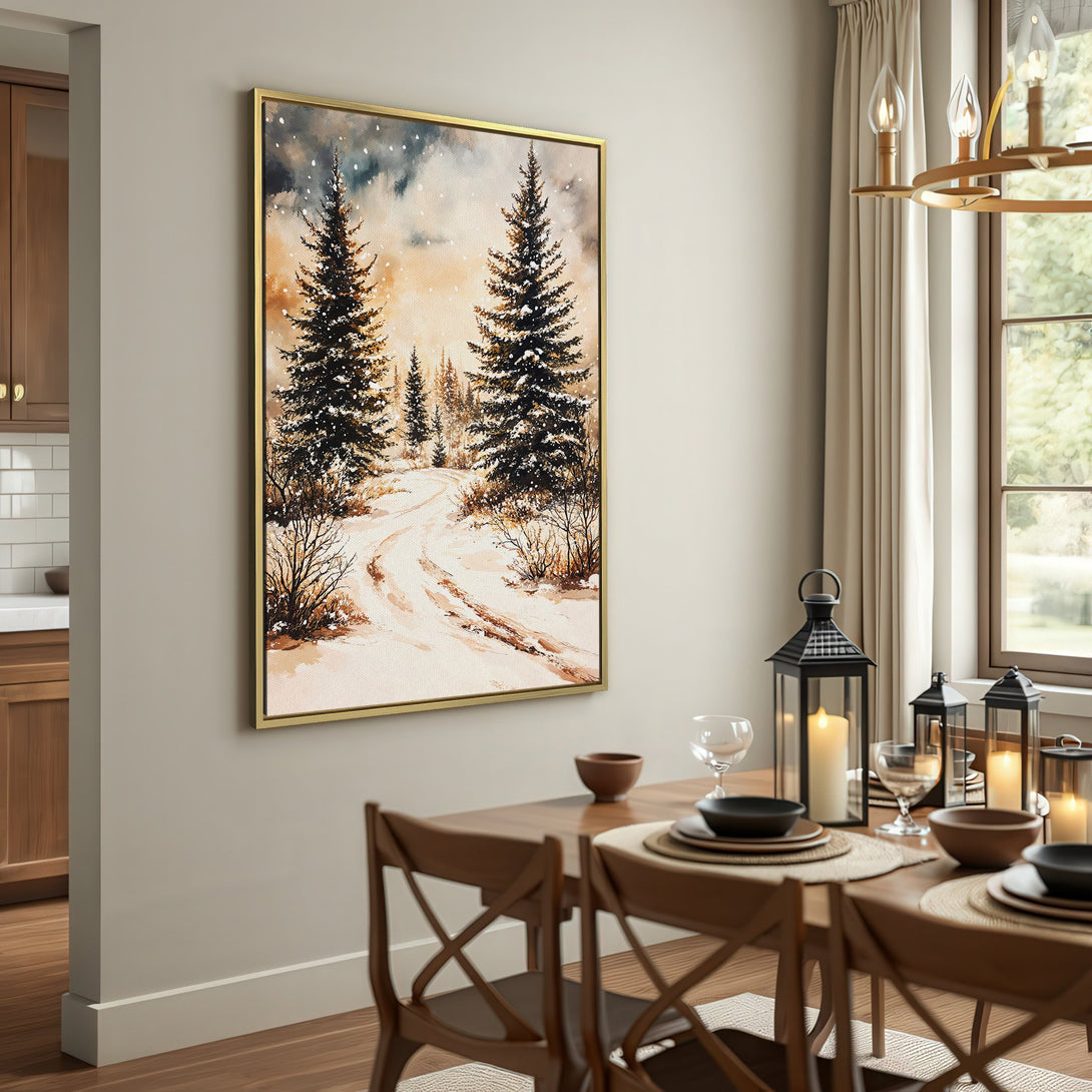 Canvas Print of a winter forest scene in watercolor style with a neutral color palette, perfect for cozy home decor.