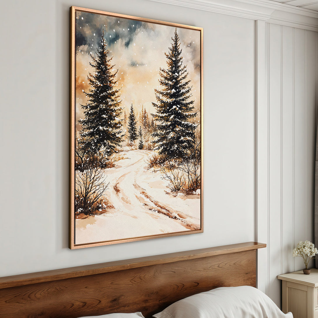 Framed Wall Art: Winter forest scene in warm, neutral tones. Landscape Canvas Print with snowy pathway and evergreen trees. Perfect for cozy decor.