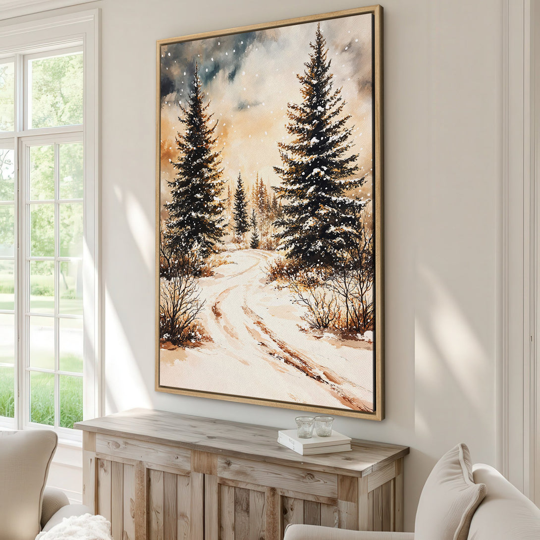 Canvas Print of a winter landscape painting in watercolor style with a neutral color palette. Features snowy trees and a path. Perfect for cozy interiors.