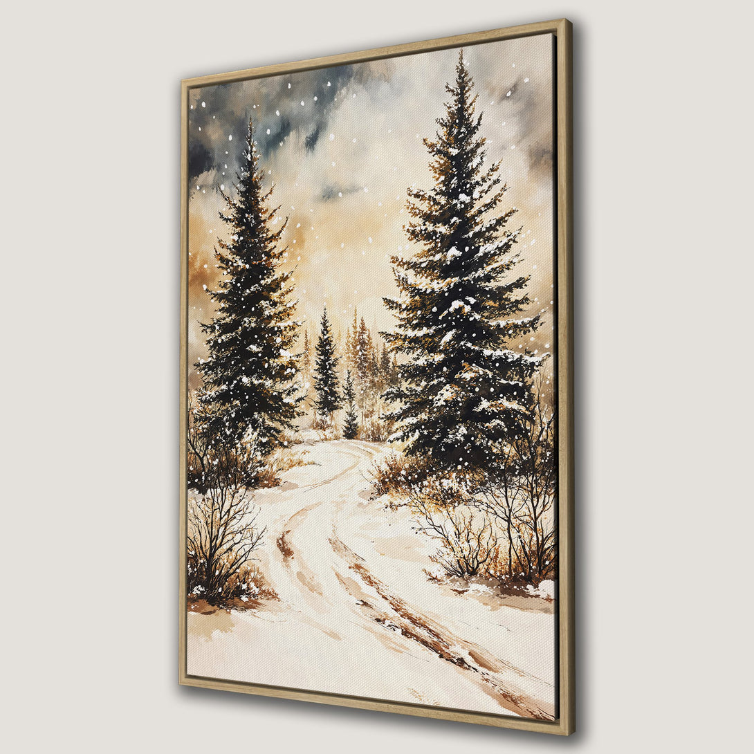 Framed Wall Art: Winter landscape Canvas Print. Watercolor style painting of snowy forest with pine trees, neutral and brown color palette. Bring nature indoors!
