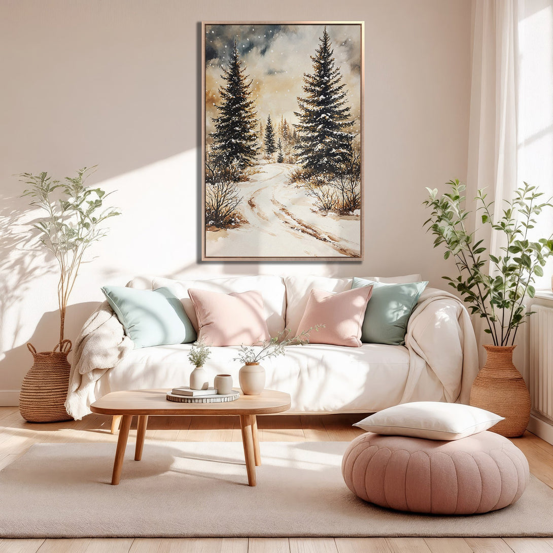 Framed Wall Art of a winter forest scene in a watercolor style, featuring a neutral and warm color palette. Perfect for cozy interiors.