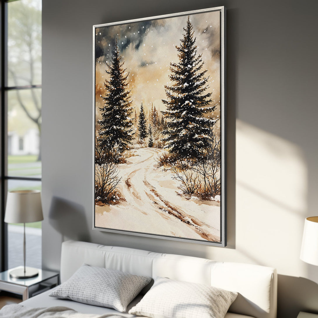 Framed Wall Art: Watercolor winter scene with snow-covered trees in a neutral color palette. Perfect for adding a touch of nature and serenity to your home decor.