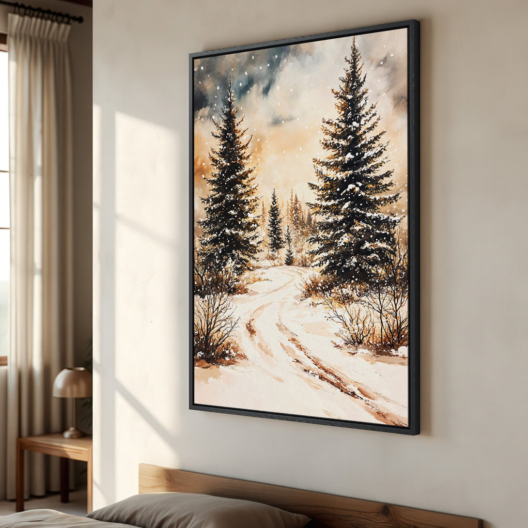 Framed Wall Art: Winter landscape Canvas Print with snow-covered trees in a watercolor style, featuring a warm neutral and brown color palette.