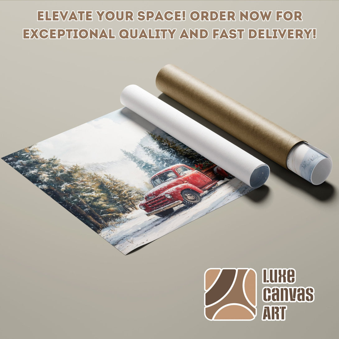 Winter landscape Poster Roll art print, featuring a red truck. Rustic style, warm color palette.